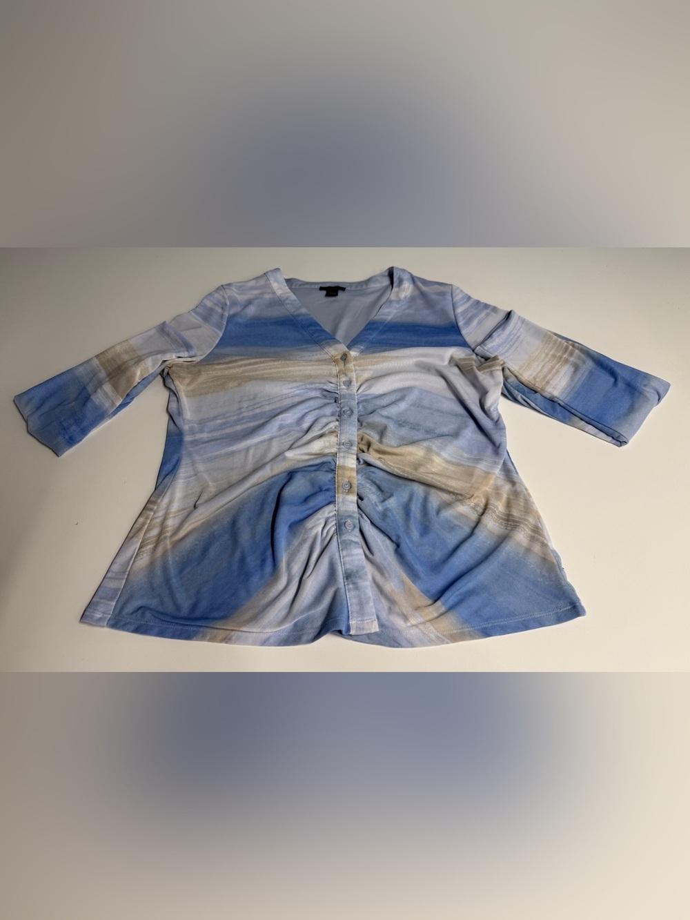 Halogen Blue and Cream Watercolor Ruched Button-Front Top